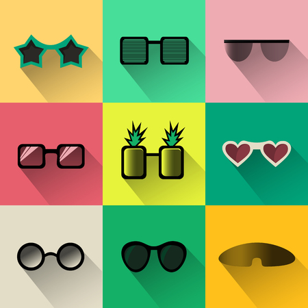 Set of different shapes sunglasses simple icons with long shadows. Modern flat design sunglasses in stylish colors. Web site page and mobile app design element. Vector illustrationのイラスト素材