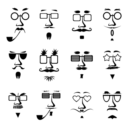 Vector Male man in glasses character faces avatars isolated on white background. Hipsters style monochrome set. Faces collection for Fathers day design. Vector illustrationのイラスト素材