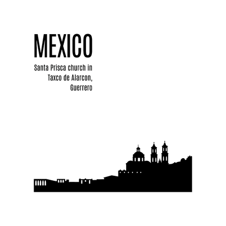 Taxco City skyline black silhouette modern typographic design. Mexico landmark vector illustration. View of Santa Prisca church in Taxco de Alarcon, Guerrero, Mexico. Architecture of Mexican cityのイラスト素材