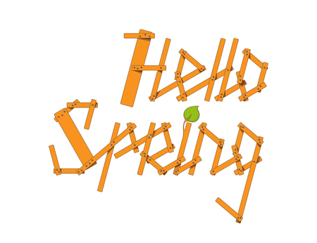 Hello Spring lettering from small planks and young branches isolated on white background. Vector illustrationのイラスト素材