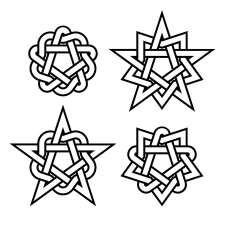 Oriental and celtic star knots or abstract geometry design elements isolated on white background. Outline tattoo symbols set. Vector illustrationのイラスト素材