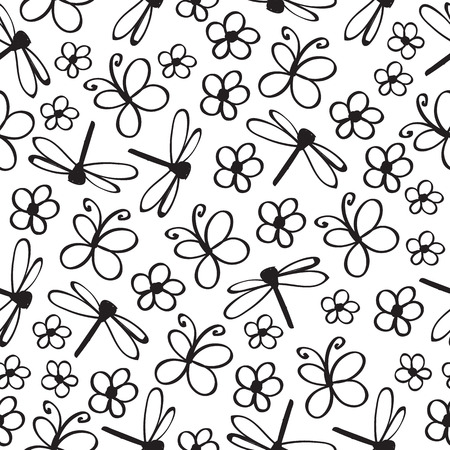 Insect doodle seamless pattern. Hand drawn monochrome spring wildlife background texture. Vector illustrationのイラスト素材
