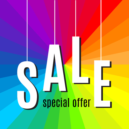 Sale lettering banner template on rainbow background. Vector illustrationのイラスト素材