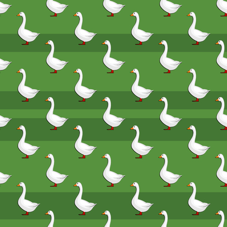 Striped seamless pattern with gooses isolated on green grass background. Farm animals abstract texture. Vector illustrationのイラスト素材