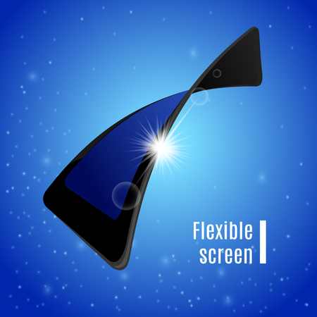 Gadget flexible screen with sun beams behind it. Mobile phone electronic visual display on abstract clear blue sky background. Vector illustrationのイラスト素材