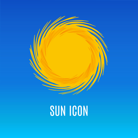 Yellow flat sun isolated on blue clear sky. Your company logotype. Sunlight symbol icon. Element for Solar logo design. Vector illustrationのイラスト素材