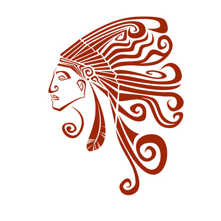Native american profile silhouette portrait. Red Indian chief wearing traditional headdress. Vector terracotta illustrationのイラスト素材