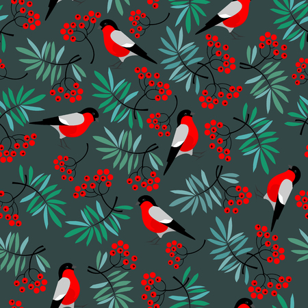 Bullfinch birds seamless pattern with Mountain ash leaves and berries. Merry Christmas collection background. Natural winter texture. Vector illustrationのイラスト素材