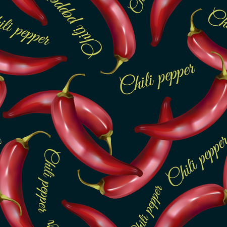 Realistic red hot chili peppers seamless pattern. Spices endless dark background. Can be used for kitchen design, wrapping paper and wallpaper. Vector illustrationのイラスト素材