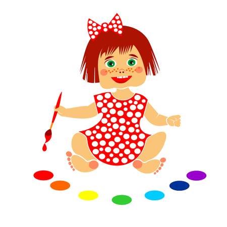 Little girl artist sitting on the floor with brush and rainbow colors. Happy baby girl in red dress. Vector illustrationのイラスト素材