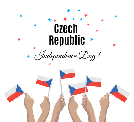 Czech Republic Independence Day placard, banner or greeting card. Vector illustration with Czech flags on young people handsのイラスト素材