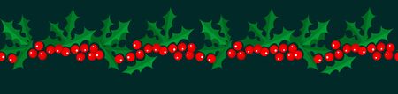 Merry Christmas and Happy New Year seamless holly pattern border isolated on dark background for your holiday decoration design. Vector illustrationのイラスト素材
