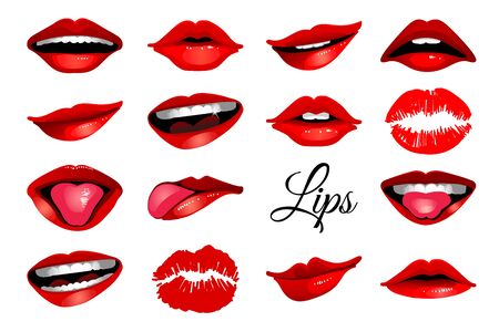 Red woman's lip icons set isolated on white background. Vector illustration for modern designのイラスト素材