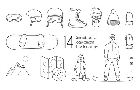 Snowboarding equipment line icons set isolated on white background. Vector winter sport illustrationのイラスト素材