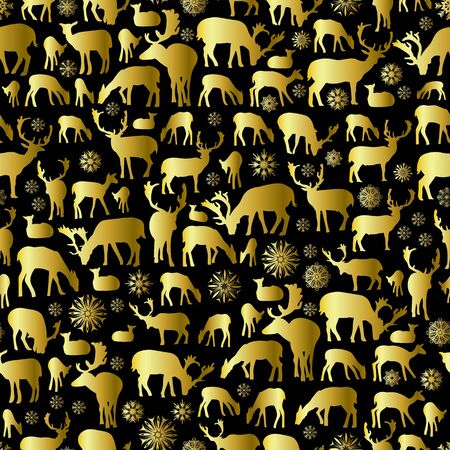 Merry Christmas and Happy New Year seamless pattern with golden deers and snowflakes isolated on black background. Vector illustration for winter holiday designのイラスト素材