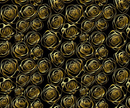 Black seamless pattern with golden line roses. Vector elegant vintage floral illustrationのイラスト素材