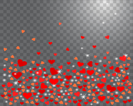 Sparkling red hearts on a transparent background. Abstract love background for your Valentines Day design. Vector illustrationのイラスト素材