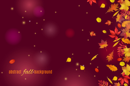 Autumn leaves isolated on beautiful dark brown background with lights and sparkles. Abstract hello Autumn background for your greeting cards design or website. Vector illustrationのイラスト素材