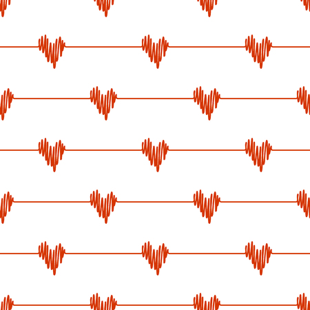 Red doodle line hearts wave deflection seamless pattern on white background. Vector hand drawn sketch illustration for heartbeat cardioのイラスト素材