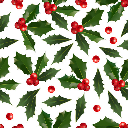 Merry Christmas and Happy New Year seamless pattern with holly berries isolated on white background. Abstract background for Christmas decoration. Vector winter holiday floral illustrationのイラスト素材