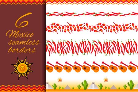 Seamless Mexican pattern border set isolated on white background. Cinco de Mayo decoration garland collection for your holiday design. Vector illustrationのイラスト素材