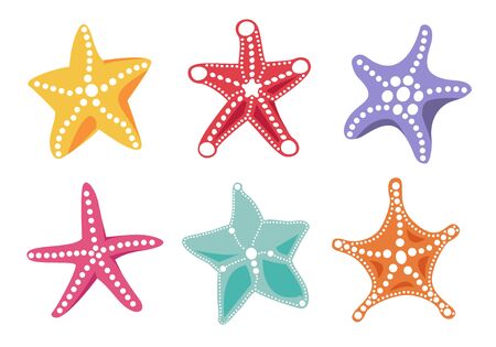 Starfish bright color icon set for your ocean design. Colorful marine objects isolated on white background. Vector sea nature illustrationのイラスト素材
