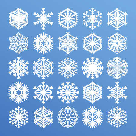 Big snowflakes collection for Christmas design. White snow icons isolated on blue winter background. Vector illustration of winter holiday flat graphic elementsのイラスト素材