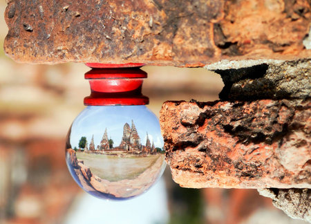 Chaiwattanaram temple  ayutthaya province thailand in glass ball.の写真素材