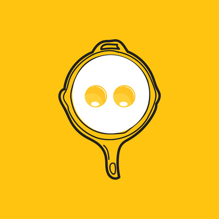 Fried egg and hand drawn outline pan.Vector design for breakfast menu.Fast food background.Yellow background.のイラスト素材