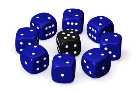 One black dice surrounded by several blue dices and isolated over a white background. This is a 3D rendered picture.の写真素材