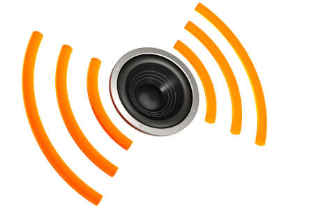 Speaker with sound waves isolated over a white background. This is a 3D rendered picture.の写真素材