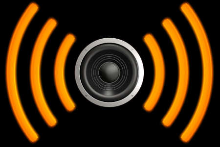 Speaker with sound waves isolated over a black background. This is a 3D rendered picture.の写真素材