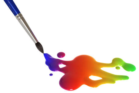 Colorful painting splatter and paint brush isolated over a white background.の写真素材
