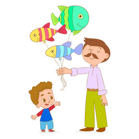 Man giving a bunch of balloons to a boyのイラスト素材