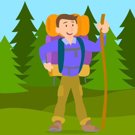 Hiker walking on the mountainのイラスト素材