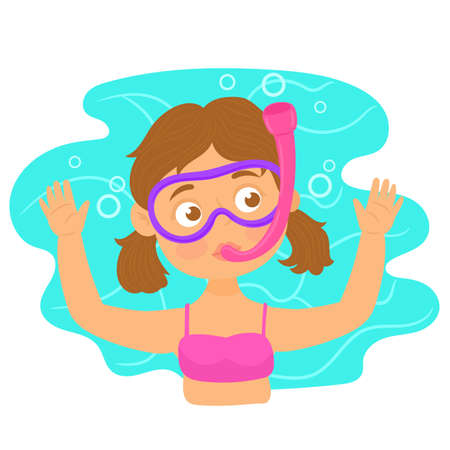 Diving girl waving hand, holiday underwaterのイラスト素材