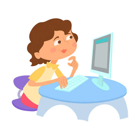 Happy young girl studying using a computer in the library.のイラスト素材