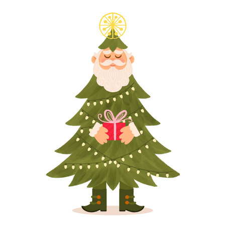 Christmas greeting card with Santa Claus behind a decorated treeのイラスト素材
