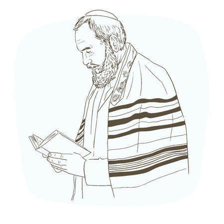 Orthodox jewish man. Senior Jewish Man wear National Clothes and Hat Holding Torah Book in Hands.のイラスト素材