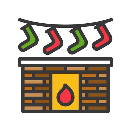 Fireplace vector, Chirstmas related filled design icon editable outlineのイラスト素材