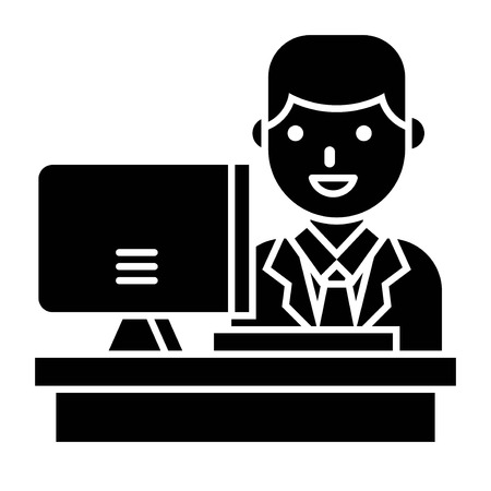 Businessman with desk and screen vector, solid design iconのイラスト素材