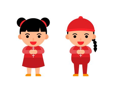 china new year material of chinese boy and girl illustration flat designのイラスト素材