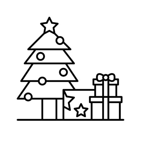 Christmas tree with gift box vector, Christmas day related line iconのイラスト素材