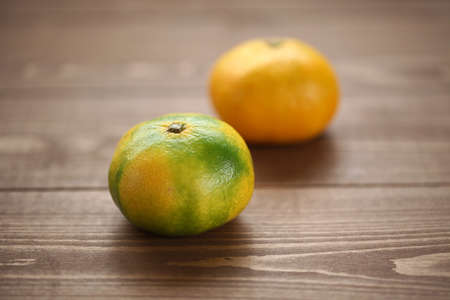 mandarin satsuma orange on wood tableの写真素材