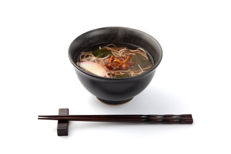 soba buckwheat noodles steaming hot isolated on white backgroundの写真素材
