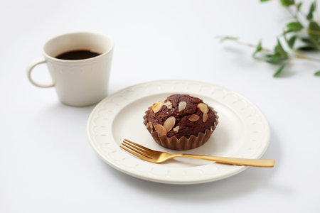 chocolate cupcake muffin isolated on white backgroundの写真素材