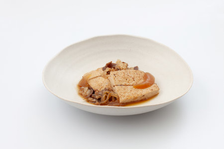 simmered beef and tofu japanese traditional cuisine on white background