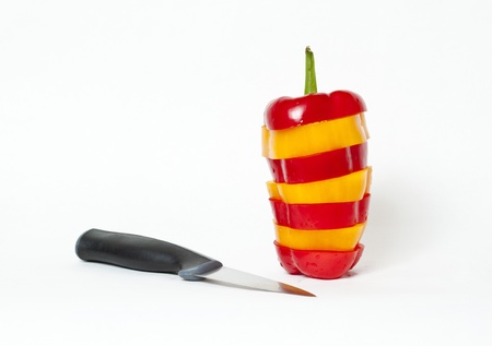 bell pepper cut stacked with knife