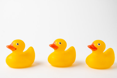 Close-up of three yellow ducklings for bathing, selective focus, on white background, horizontal, with copy spaceの写真素材