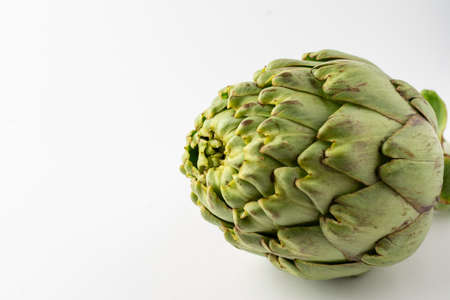 Close-up of whole artichoke, on white background, horizontal, with copy spaceの写真素材
